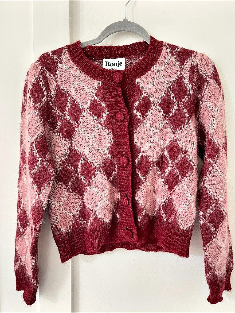 Rouje Argyle Cardigan in Pink & Red Size 36